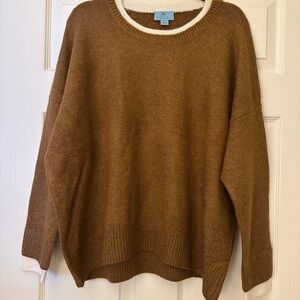 CeCe Brown Crewneck Sweater with Cream Trim